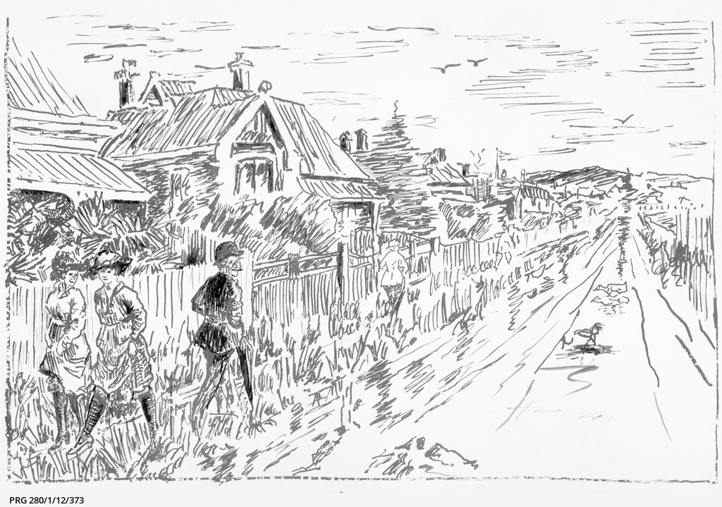    A pen and ink sketch cartoon showing two women with short skirts attracting a man's eye as they walk along the footpath.SLSA: PRG 280/1/12/373