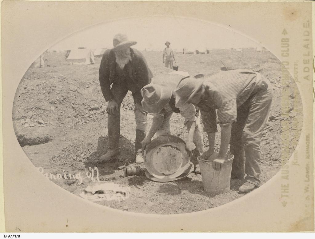 Panning off at the Teetulpa gold field, 1886. SLSA: B 9771/8