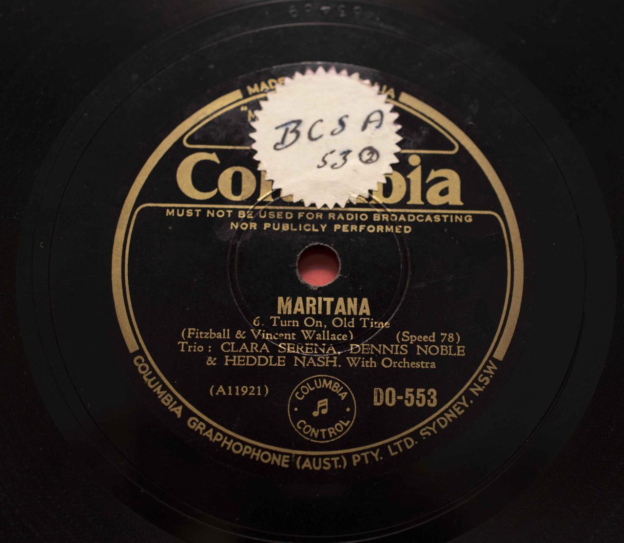 Image of the record 'Maritana' featuring trio: Clara Serena, Dennis Noble and Heddle Nash. Columbia Graphophone Australia.