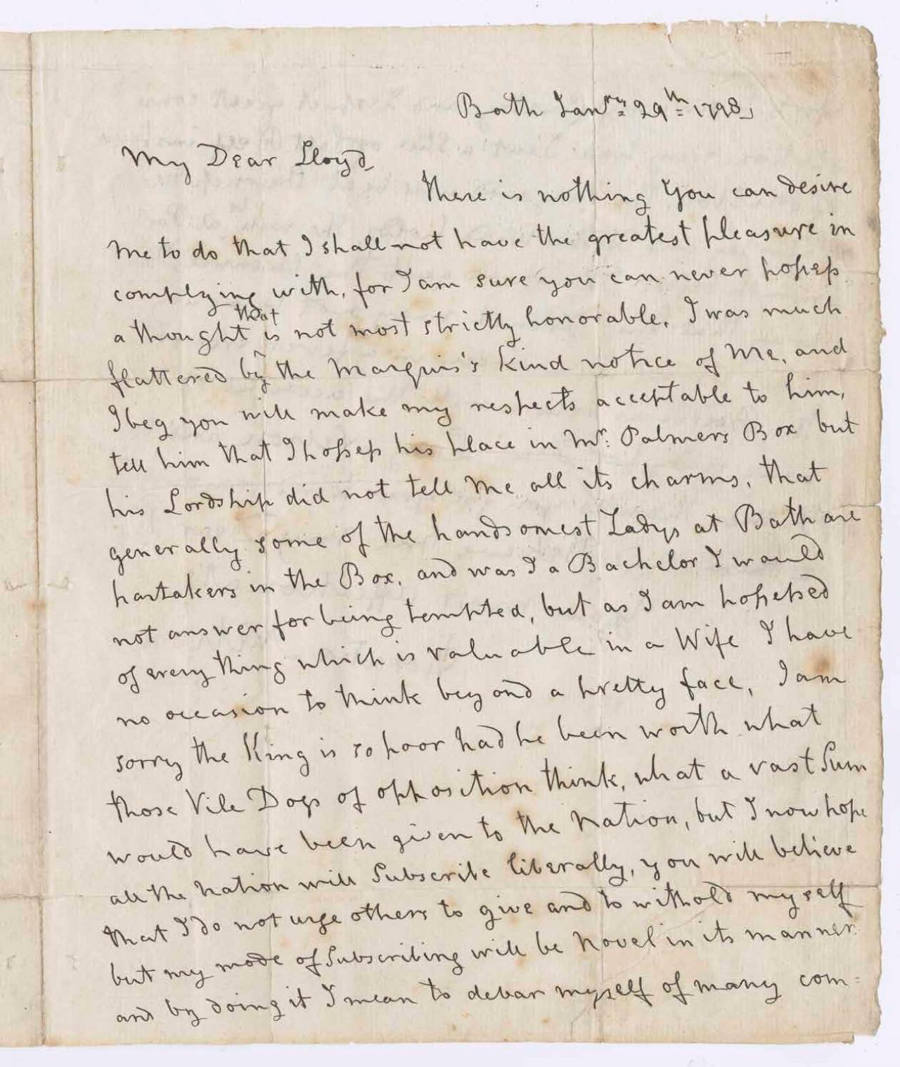 Cropped image showing the first page of the letter to Thomas Lloyd Esq. 