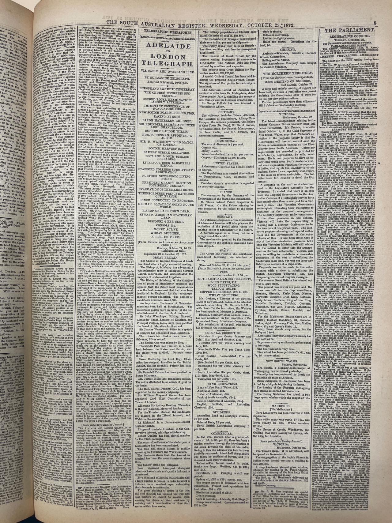 page 5 in the South Australian Register (Adelaide, SA) Monday 21 October 1872. 