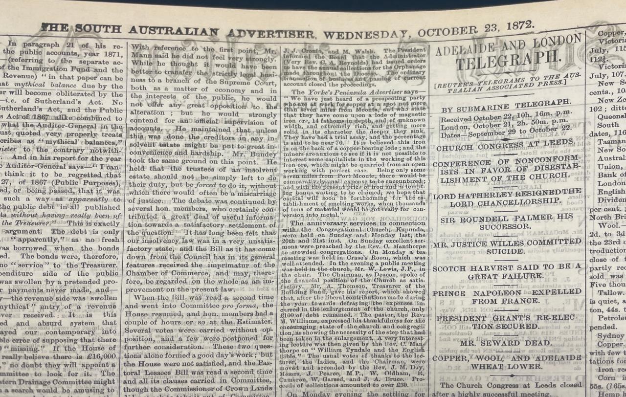 South Australian Advertiser, Adelaide to London telegraph headline, 23 October 1872.