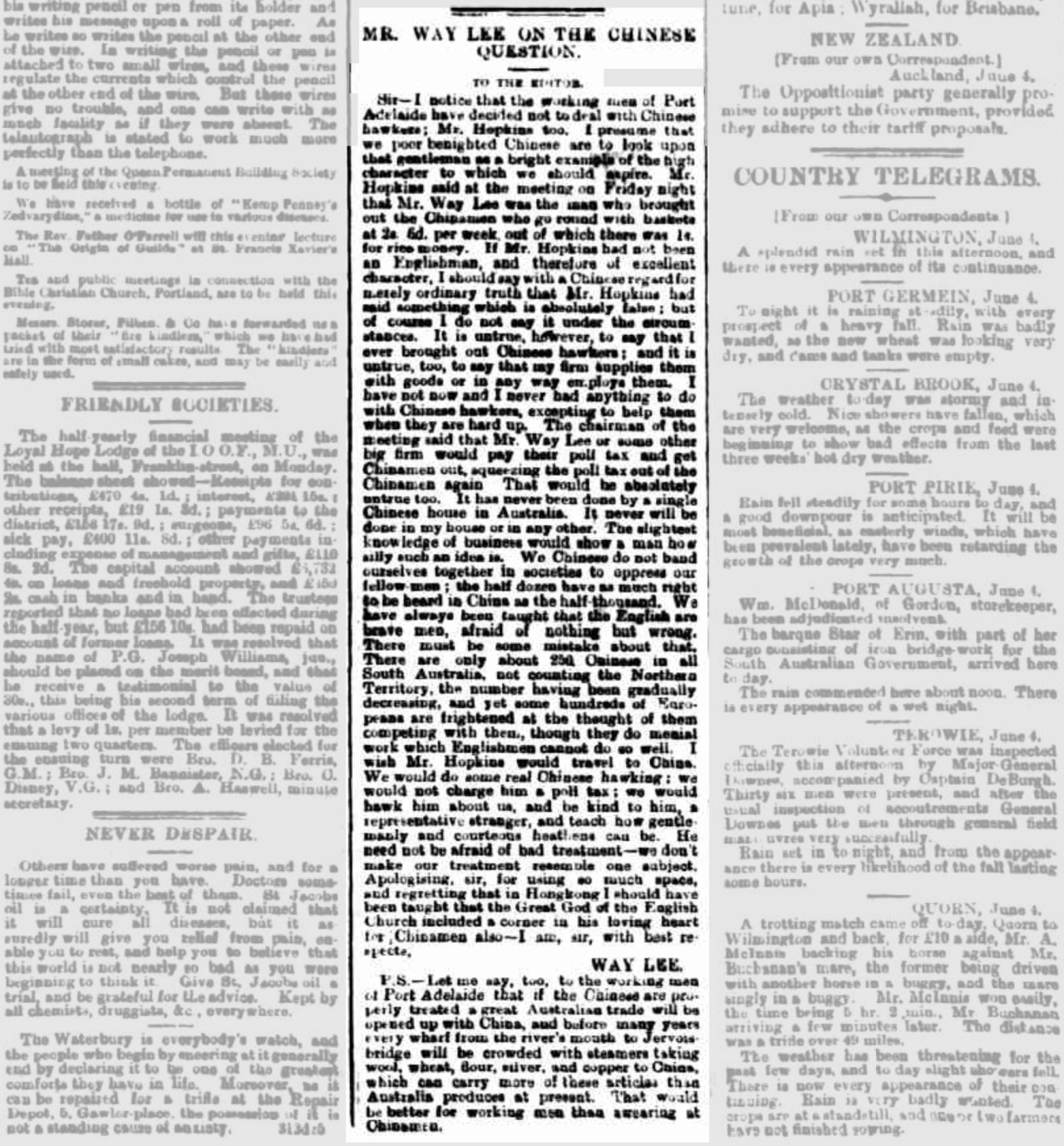 Mr Way Lee on The Chinese Question. Letter to the Editor. 1888. Trove