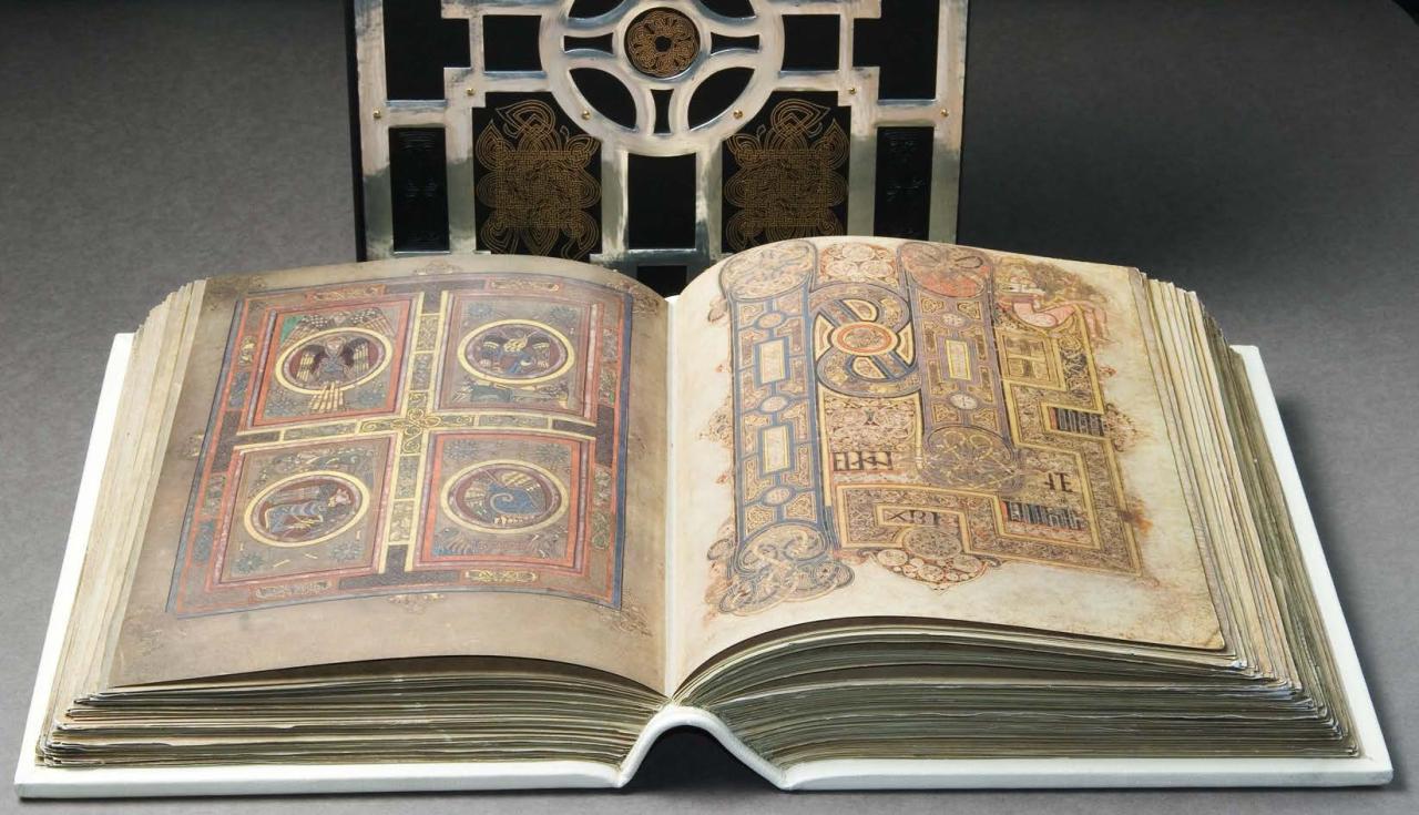 A photo of illuminated pages in the Book of Kells.