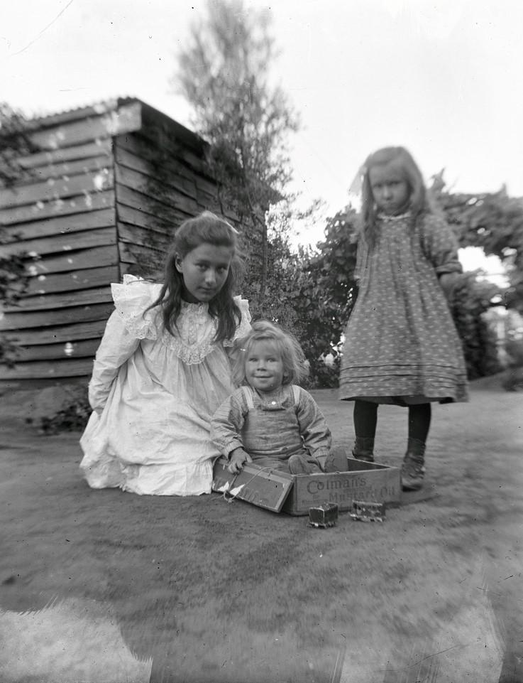 Three Brooker chldren in garden, May, Frank centre sitting in cardboard box,  Dorothy on right