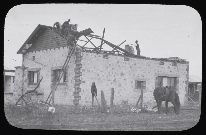 Five men repairing house roof after tornado damage-Barmera-Oct 1924