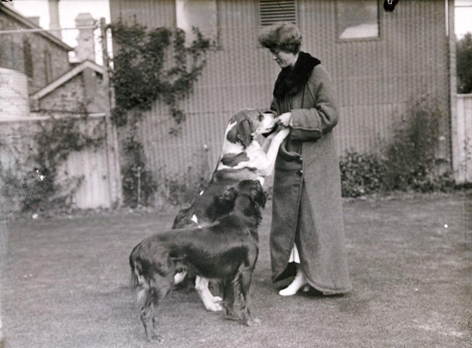 Helen Waterhouse and her two dogs at Mt Lofty House-c1913