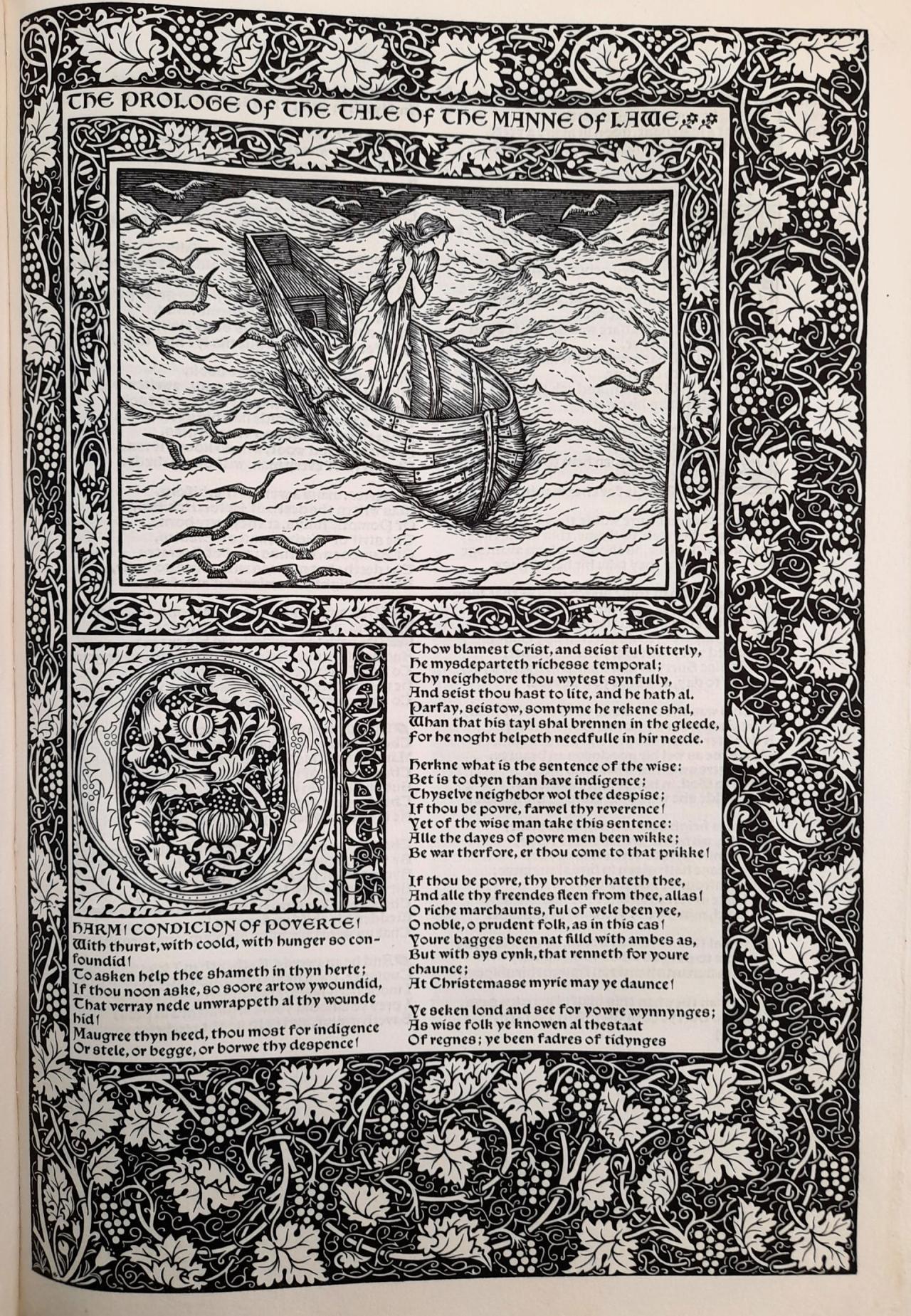 An example of a page within Chaucer featuring William Morris illustrations via the Kelmscott Press.