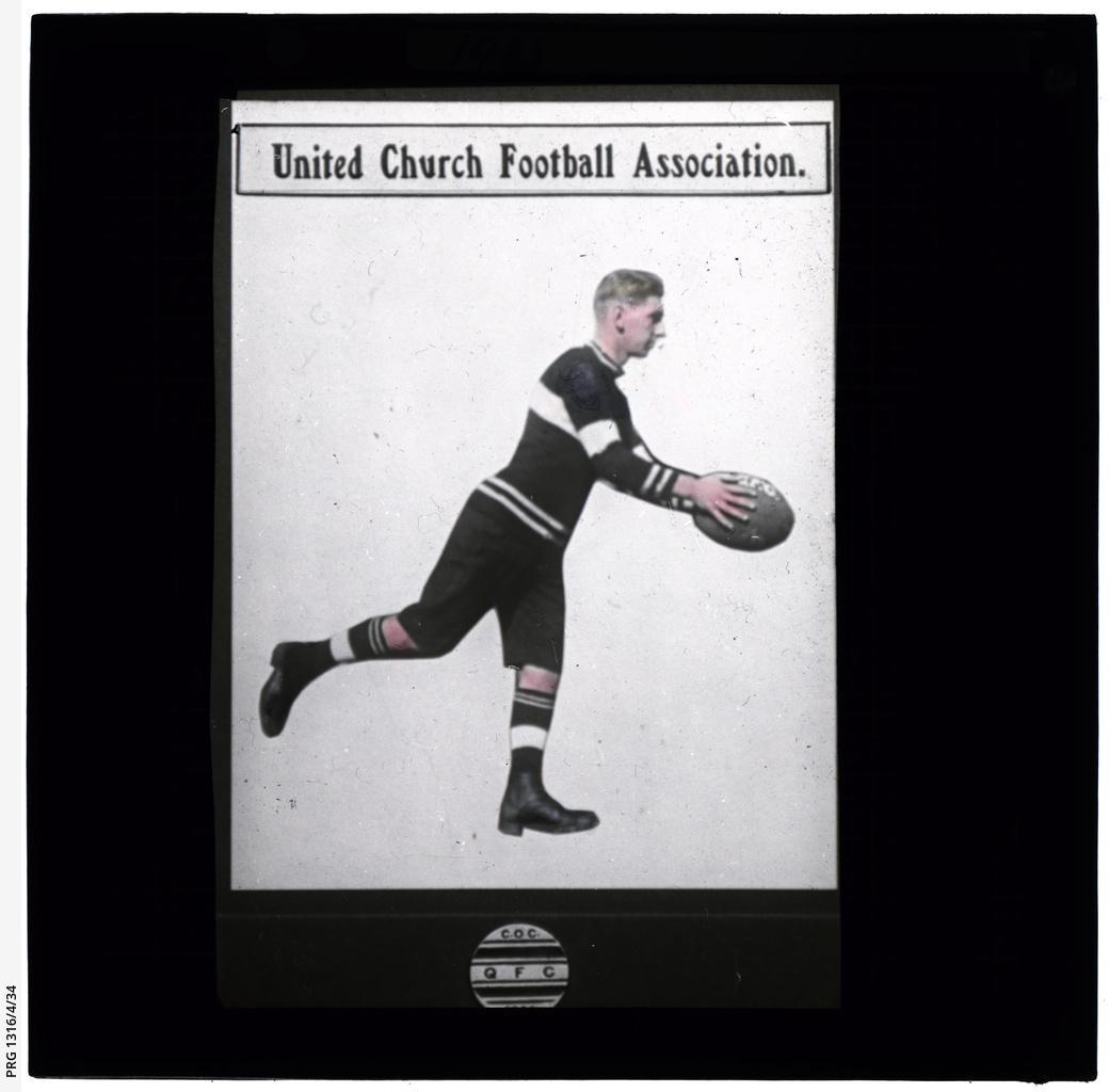 United Churches Football Association poster showing hand-coloured photo of footballer, 1923