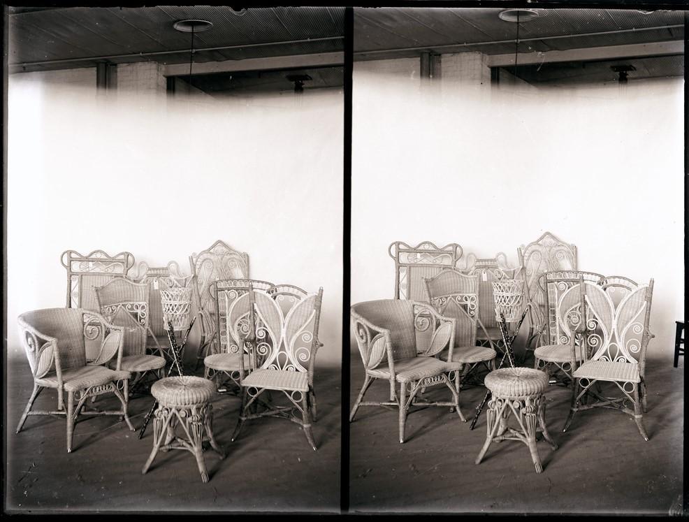 Stereo image of wicker furniture probaly in Brooker furniture store, c1912 Brooker 