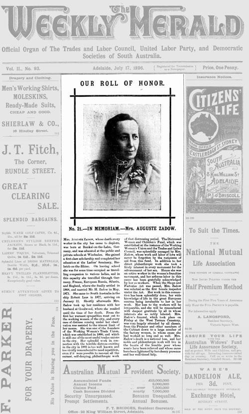 ‘Our Roll of Honor. In memorium – Mrs Auguste Zadow’, The Weekly Herald, Adelaide, SA. 17 July 1898. NLA: Trove 