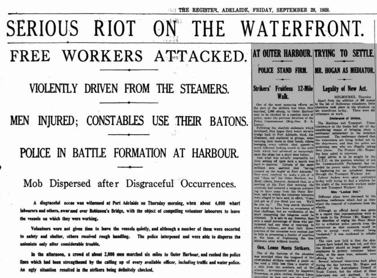 Serious riot on the waterfront, The Register, 1929. NLA: Trove