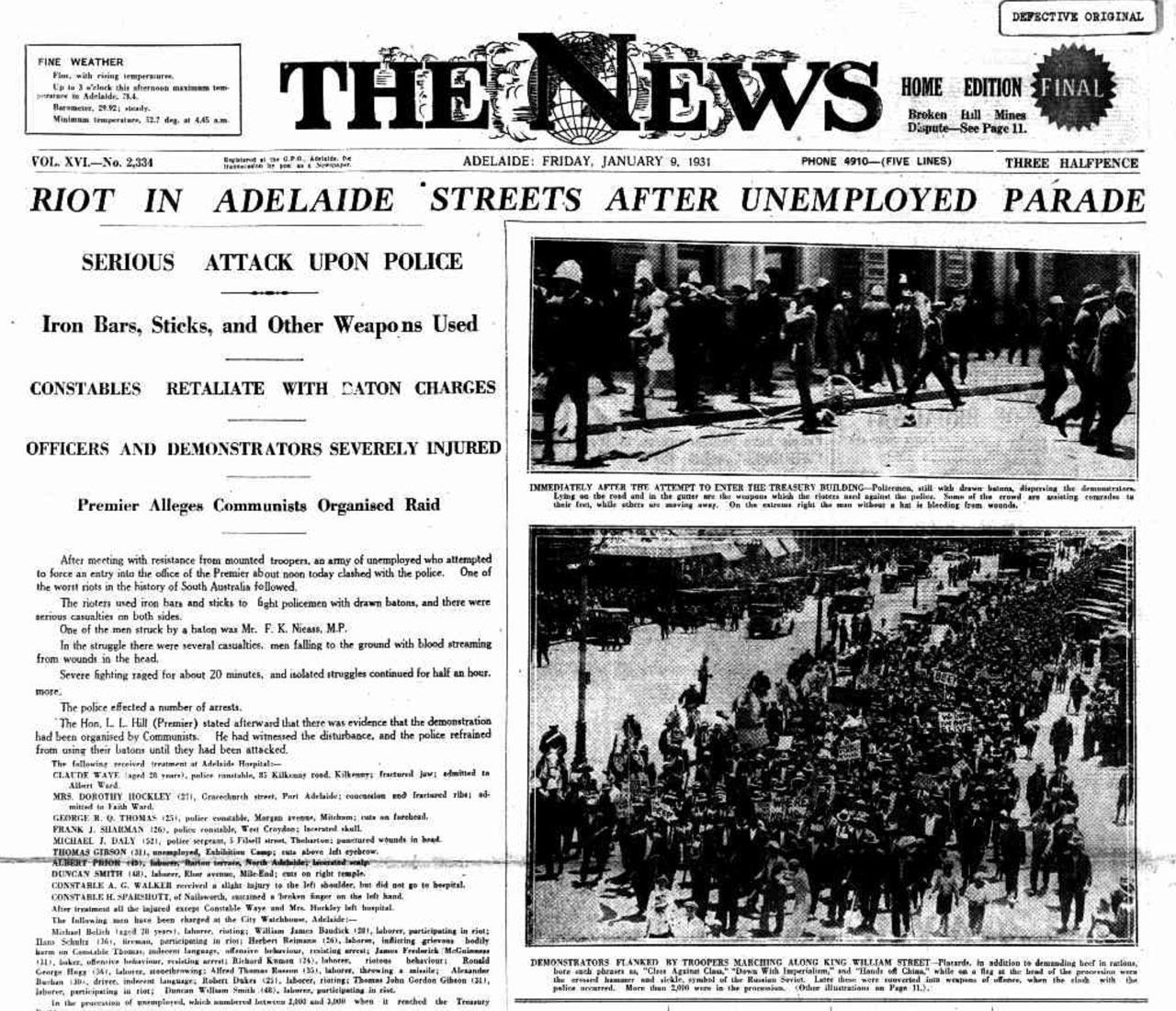 Riot in Adelaide streets, The Beef March, 1931. The News, NLA Trove.