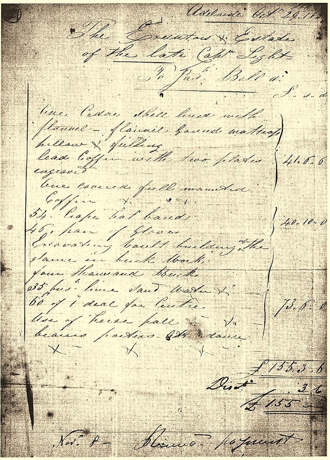 Invoice for William Light's funeral written by Joseph Bell.