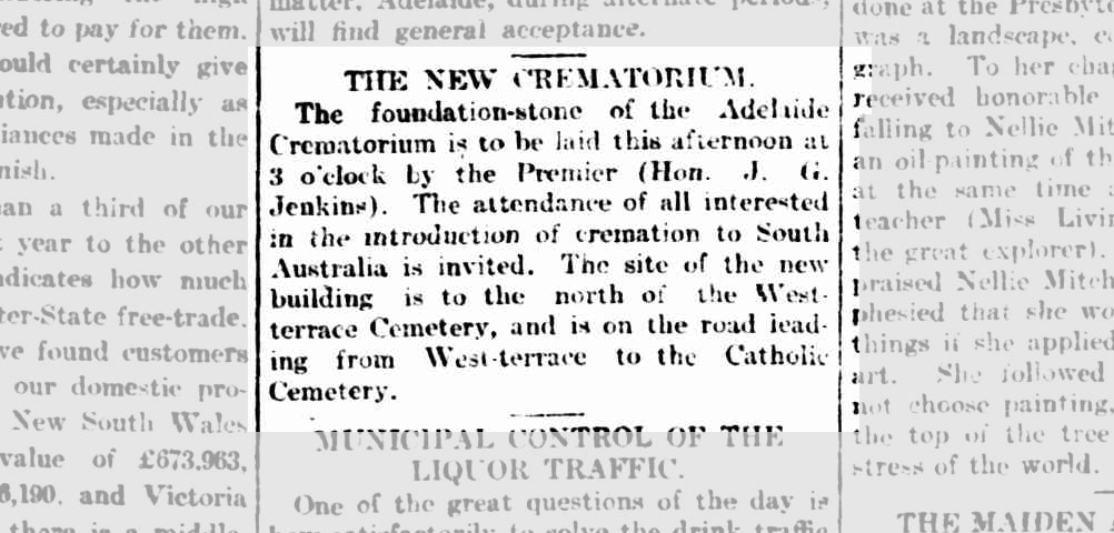 A notice in The Advertiser, Thu 16 Oct 1902 about the foundation stone being laid. Trove: NLA 