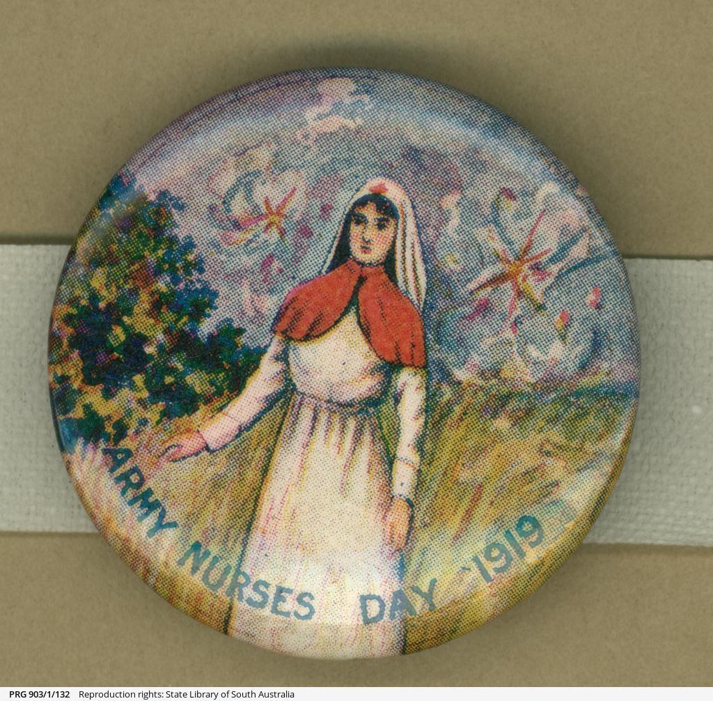 Badge - Army Nurses Day showing nurse surrounded by violets and other flowers