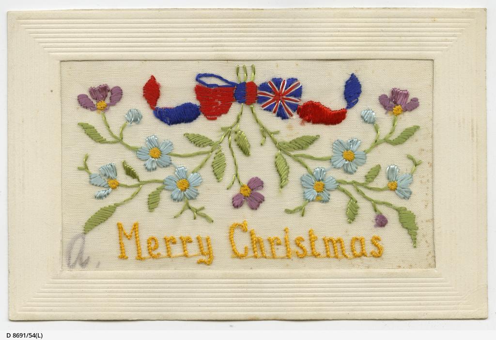 Silk-embroidered Christmas postcard from Alick Anderson  to his sweetheart Ruby Jennings, 1916