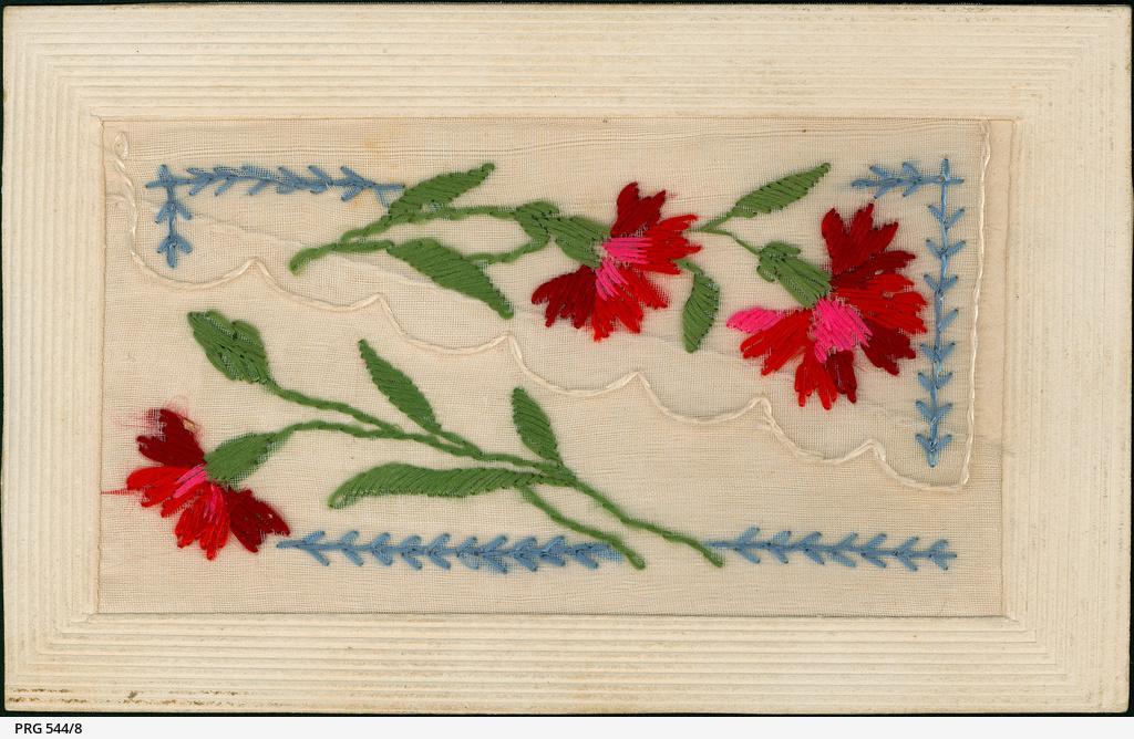 silk-embroidered postcard from Alfred Duncan to his mother, 1916