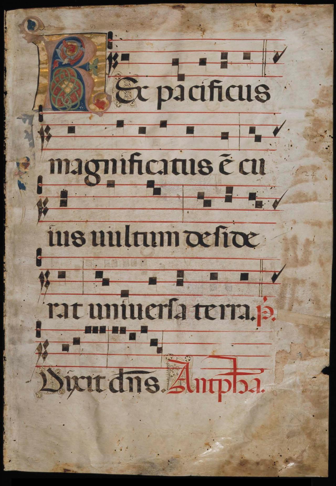 Page one of the Antiphonal showing an illuminated R