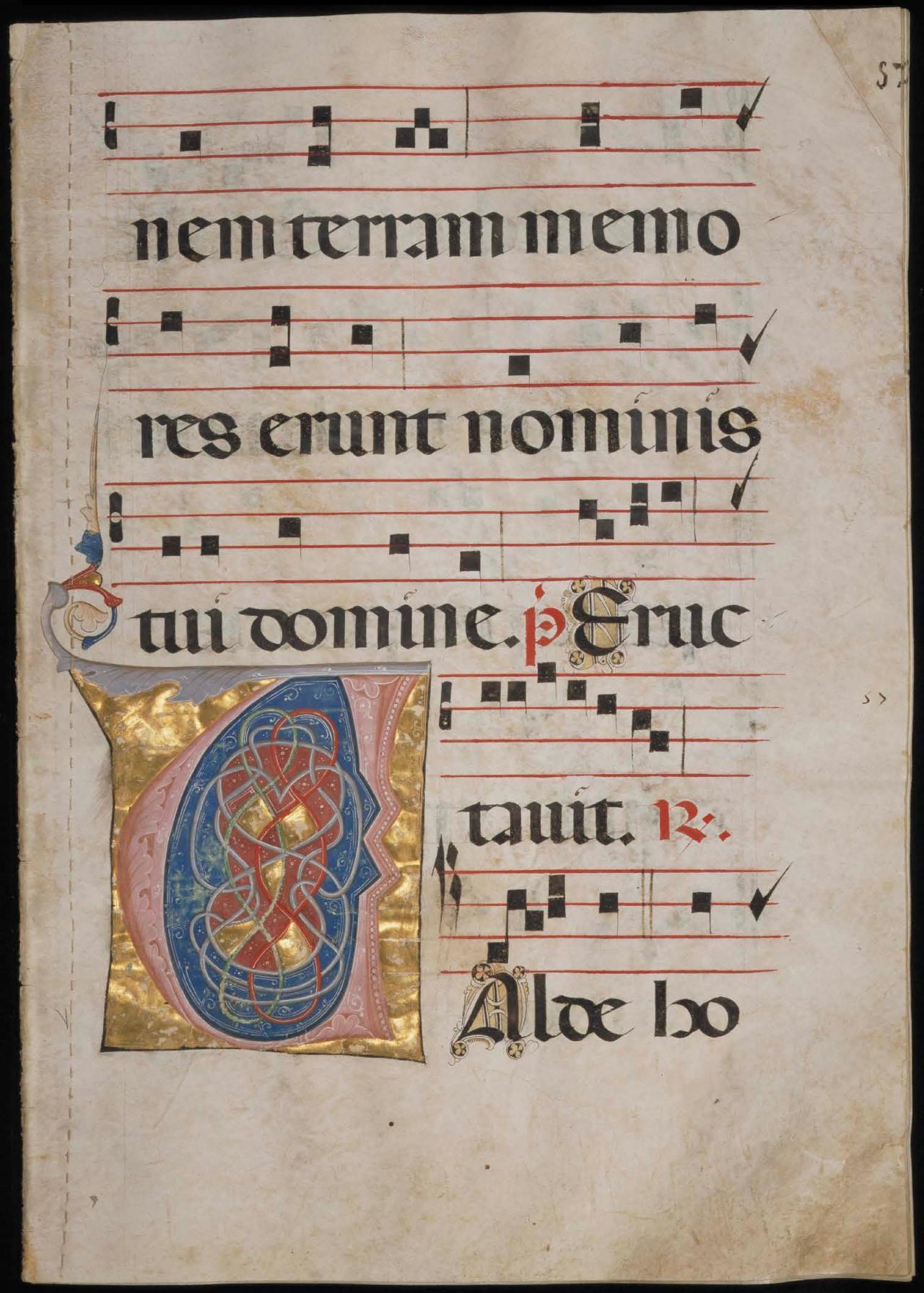 Page 113 of the Antiphonal showing an illuminated V.