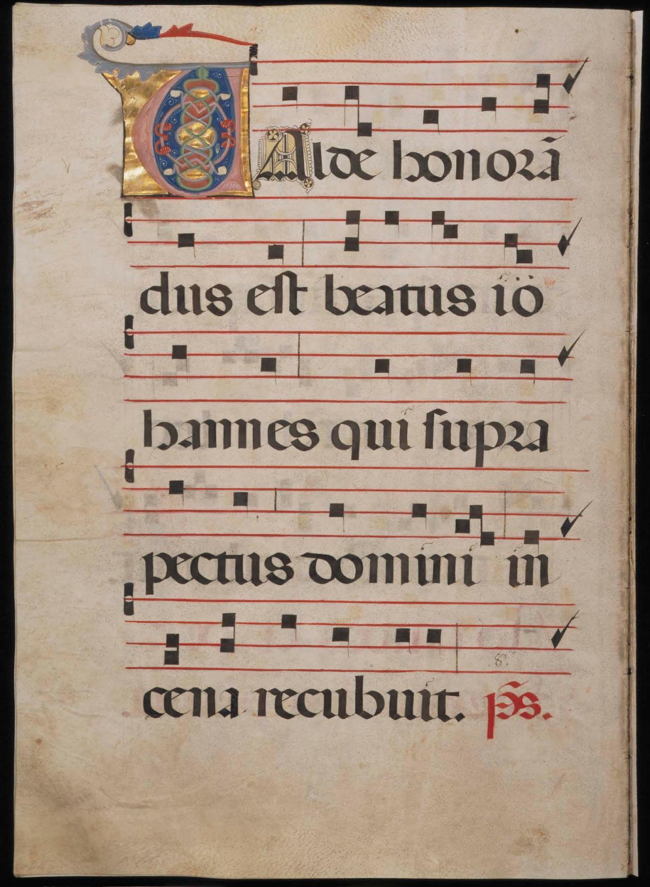 Page 142 of the Antiphonal showing an illuminated V.