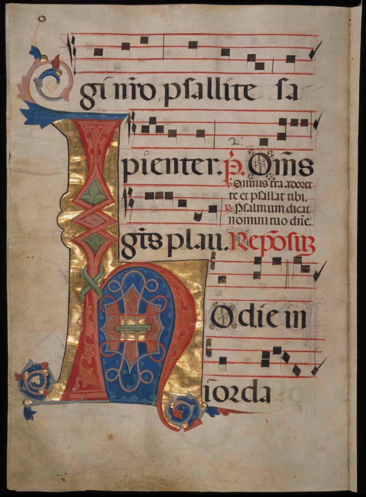 Page 250 of the Antiphonal showing an illuminated H.