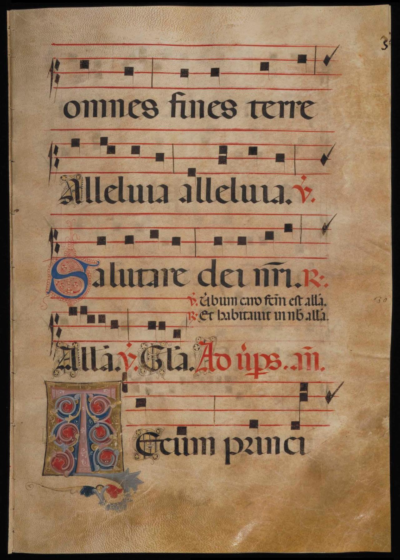 Page 59 of the Antiphonal showing an illuminated T.