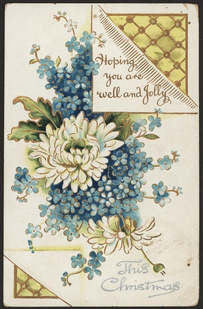 'Hoping You are well and jolly' Xmas greeting with chrysanthemum and forget-me-nots