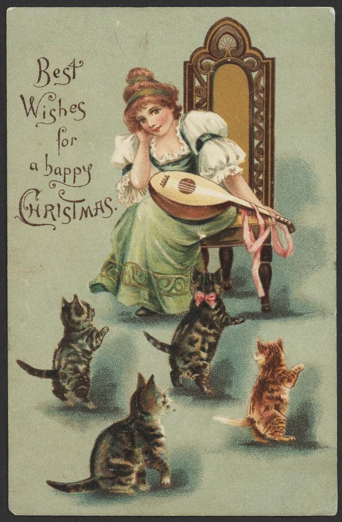 Christmas card showing lady with four cats and a lute. SLSA: PRG 337/3/47