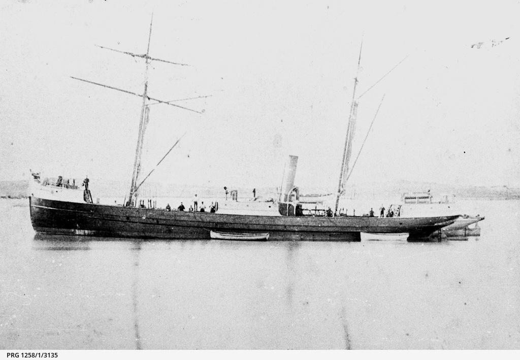 A side view of the schooner Queen of the South anchored at Goolwa. SLSA: PRG  1258/1/3135 