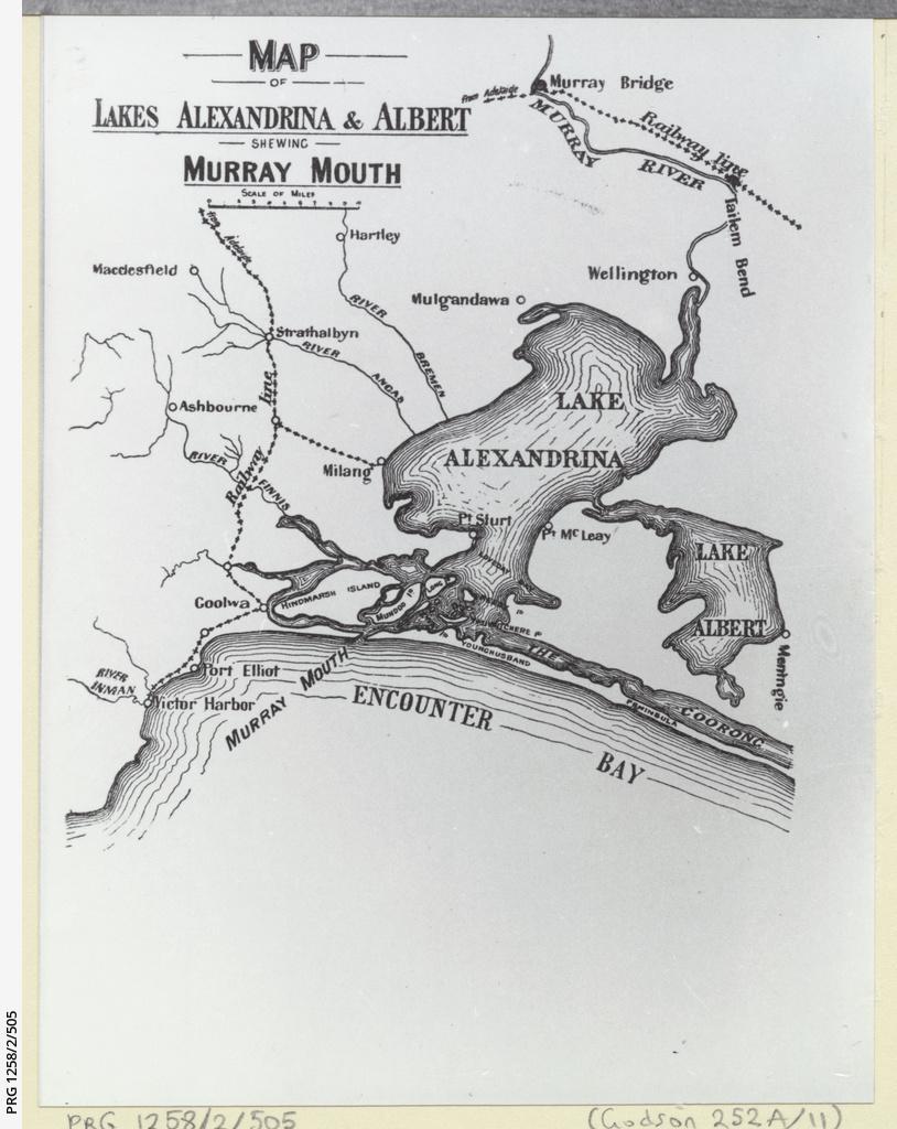 Map of Lakes Alexandrina and Albert showing the Murray Mouth and Victor Harbour, created in approximately 1910. SLSA: PRG 1258/2/505 	 