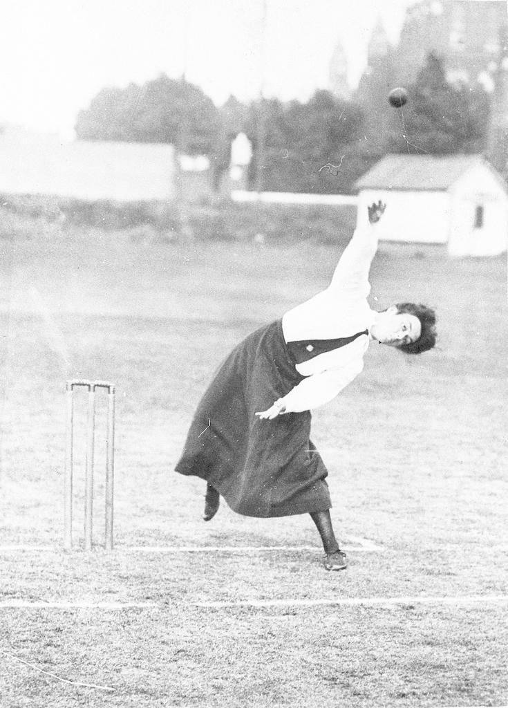 Woman cricketer bowling overarm, 1919. SLSA: PRG 280/1/15/385