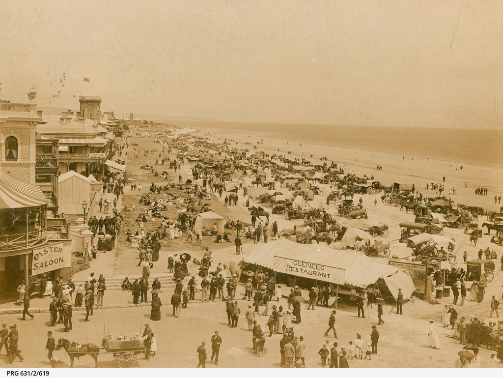 A crowded Glenelg beach taken approximately 1896 by Ernest Gall. SLSA: PRG 631/2/619