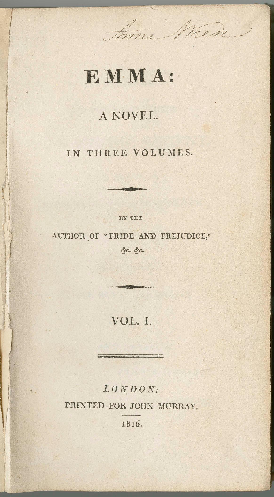 The front page of 'Emma' written by Jane Austen