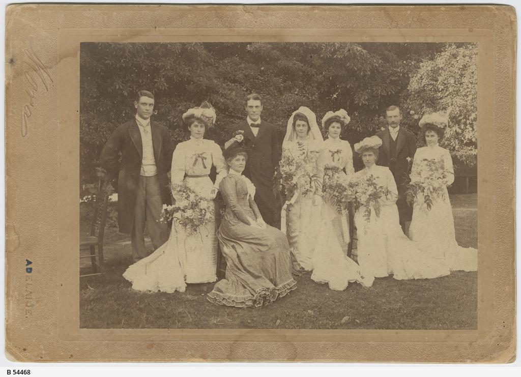 Wedding group of the writer William Gosse Hay and Mary Violet Williams, 1901. SLSA: B 54468