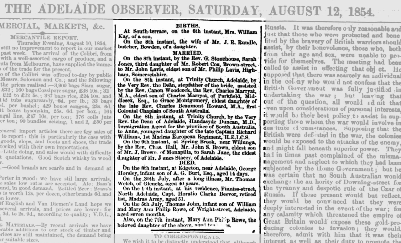 Family Notices in Adelaide Observer, 1854. NLA Trove