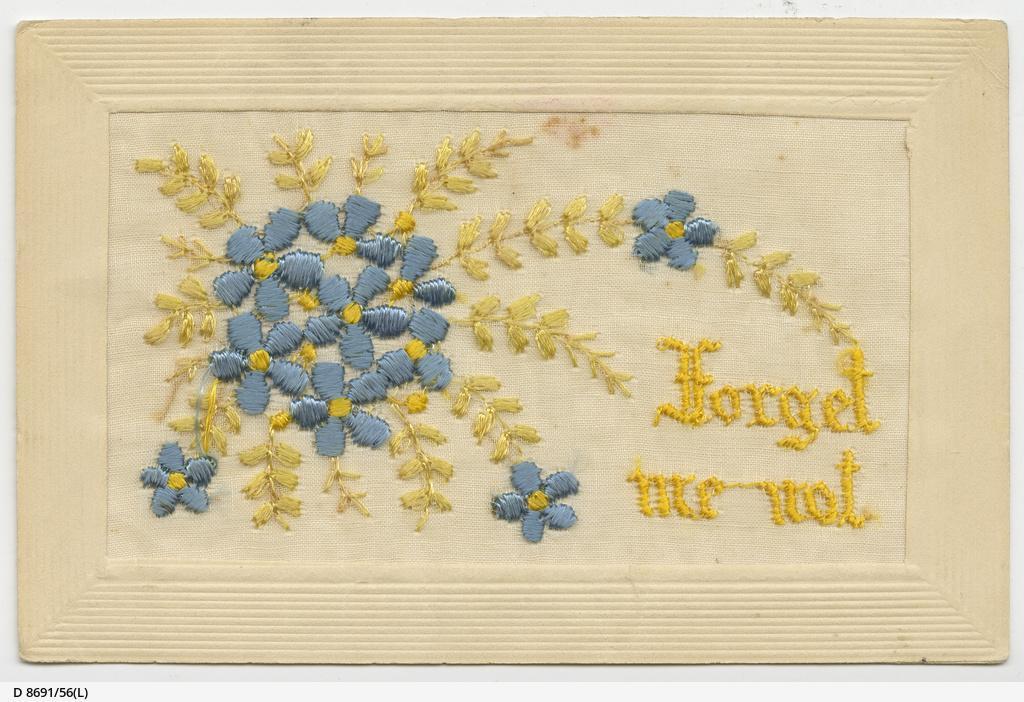 Silk-embroidered WW1 postcard of blue forget-me not with words 'Forget me not''t' 