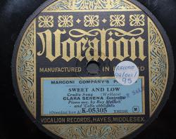 Image of the record 'Sweet and low' featuring Clara Serena and accompanied by pianist Roy Mellish. Vocalion Records, England.