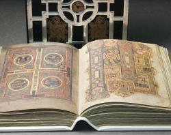 A photo of illuminated pages in the Book of Kells.
