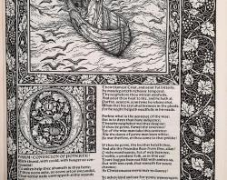 An example of a page within Chaucer featuring William Morris illustrations via the Kelmscott Press.