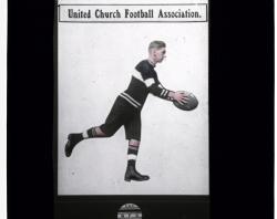 United Churches Football Association poster showing hand-coloured photo of footballer, 1923