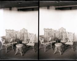 Stereo image of wicker furniture probaly in Brooker furniture store, c1912 Brooker 