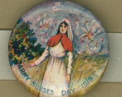 Badge - Army Nurses Day showing nurse surrounded by violets and other flowers