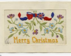 Silk-embroidered Christmas postcard from Alick Anderson  to his sweetheart Ruby Jennings, 1916