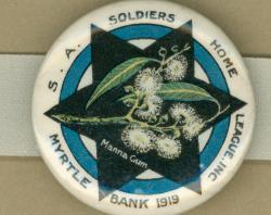 WW1 badge- SA Soldiers Home League - 1919- showing manna gum leaves and blossom