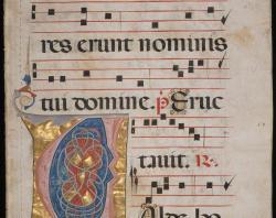 Page 113 of the Antiphonal showing an illuminated V.