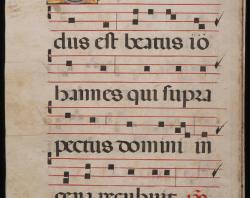 Page 142 of the Antiphonal showing an illuminated V.