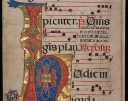 Page 250 of the Antiphonal showing an illuminated H.