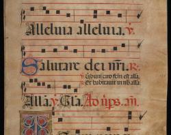 Page 59 of the Antiphonal showing an illuminated T.