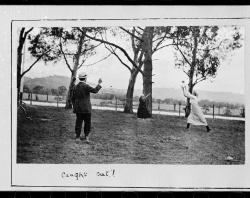 Two women playing cricket with an umpire, 1920. SLSA: B 52749 